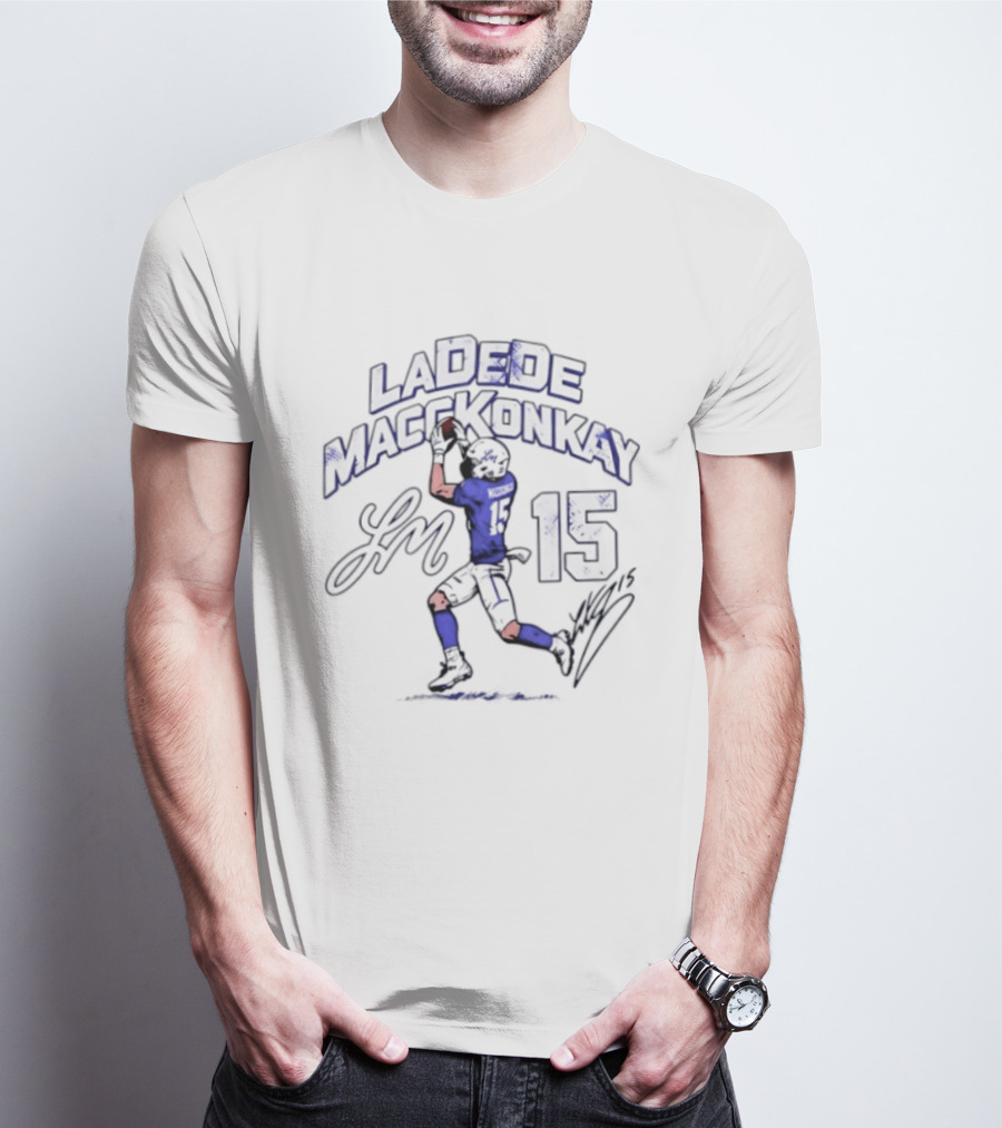 Ladd McConkey 15 Los Angeles Chargers Player Signature And Action Pose T-Shirt