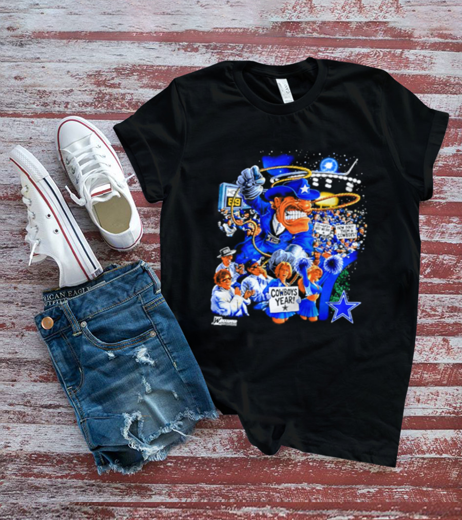 Dallas Cowboys Rowdy Mascot With Star And Cheerleaders Retro Cartoon T-Shirt