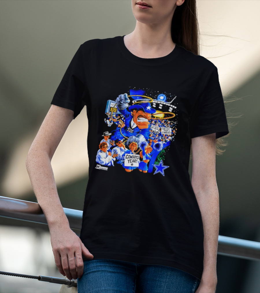 Dallas Cowboys Rowdy Mascot With Star And Cheerleaders Retro Cartoon T-Shirt