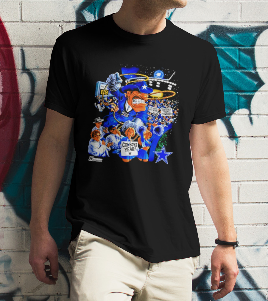Dallas Cowboys Rowdy Mascot With Star And Cheerleaders Retro Cartoon T-Shirt