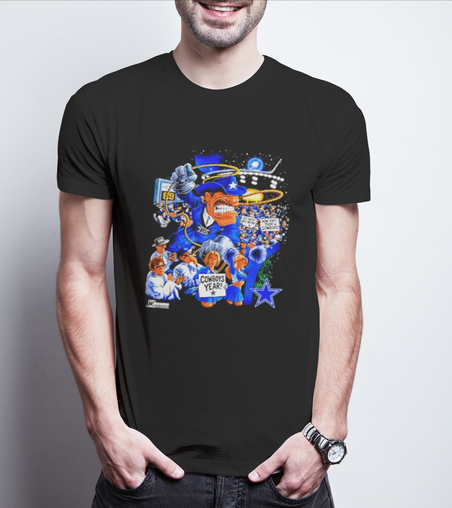 Dallas Cowboys Rowdy Mascot With Star And Cheerleaders Retro Cartoon T-Shirt