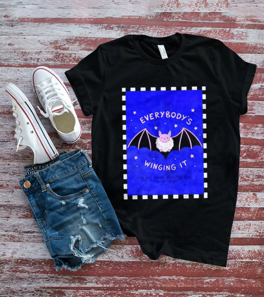 It's Okay Everybody's Winging It No One Knows What They're Doing Pink Bat With Stars T-Shirt