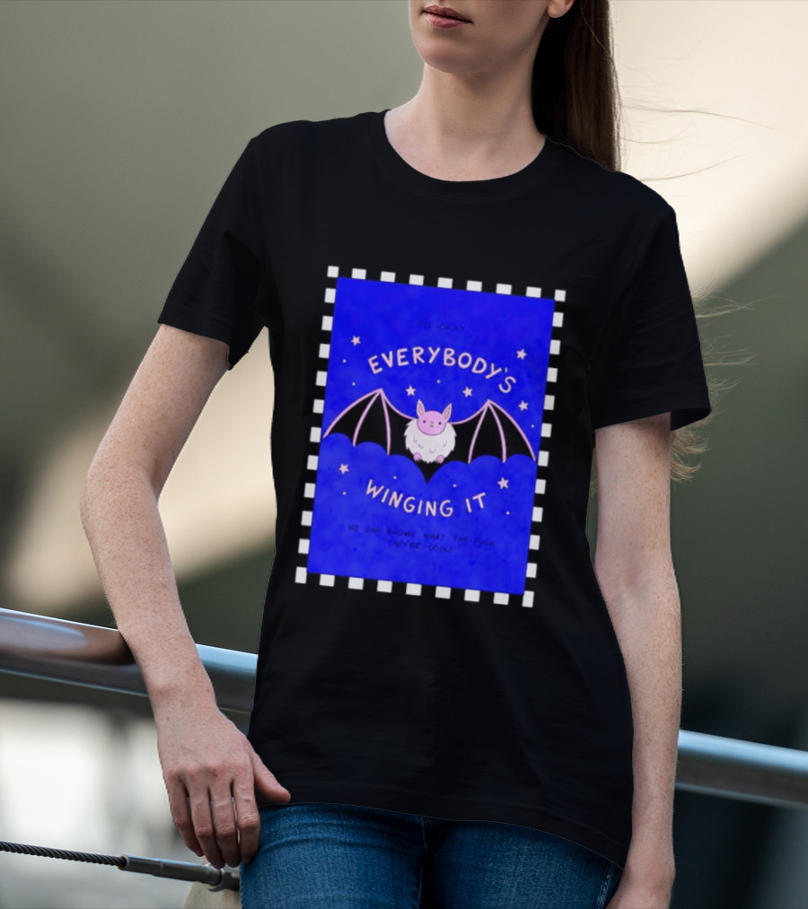 It's Okay Everybody's Winging It No One Knows What They're Doing Pink Bat With Stars T-Shirt