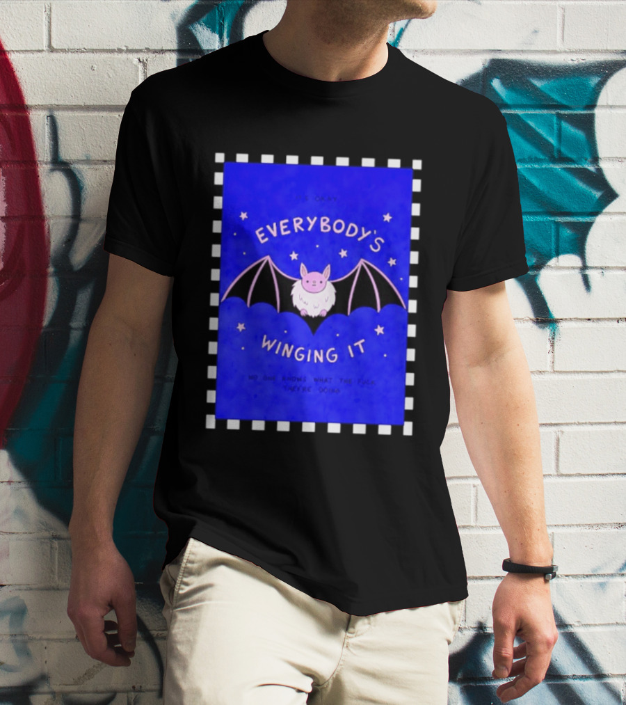 It's Okay Everybody's Winging It No One Knows What They're Doing Pink Bat With Stars T-Shirt