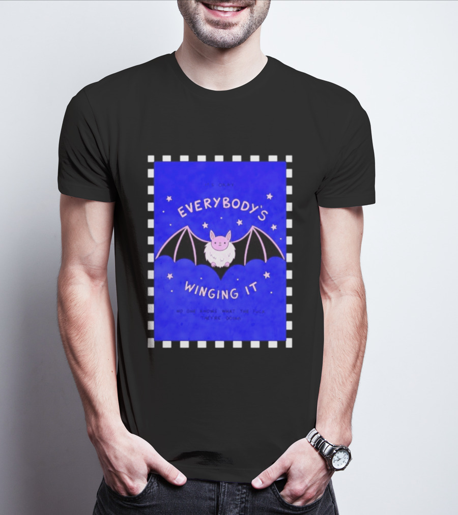 It's Okay Everybody's Winging It No One Knows What They're Doing Pink Bat With Stars T-Shirt