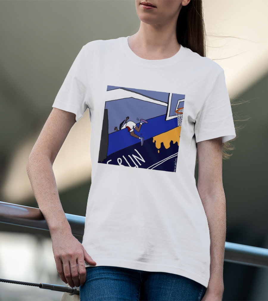 Basketball Player Diving Off Court Cartoon NBA Fan Art By Reuben Armstrong T-Shirt