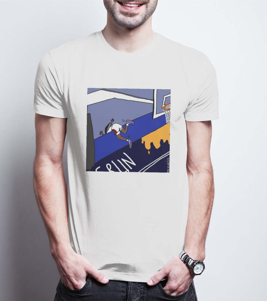 Basketball Player Diving Off Court Cartoon NBA Fan Art By Reuben Armstrong T-Shirt