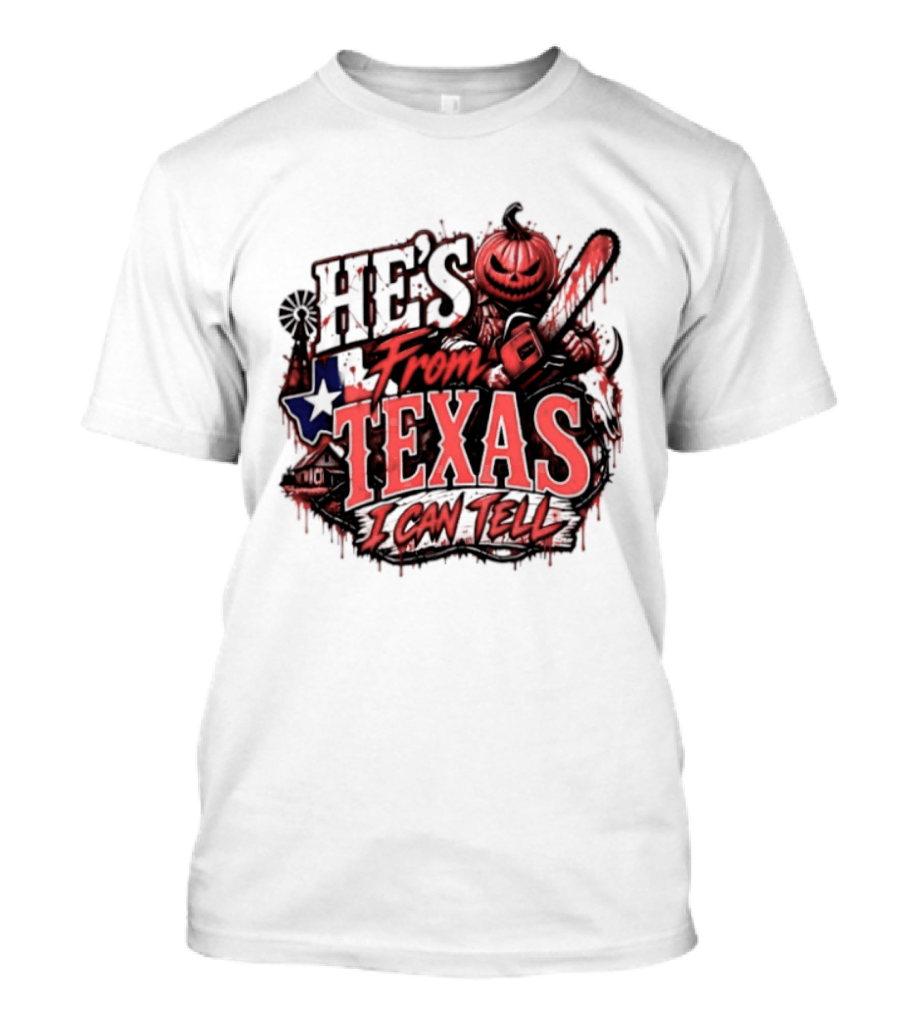 He's From Texas I Can Tell Pumpkin Chainsaw Horror Outlaw T-Shirt