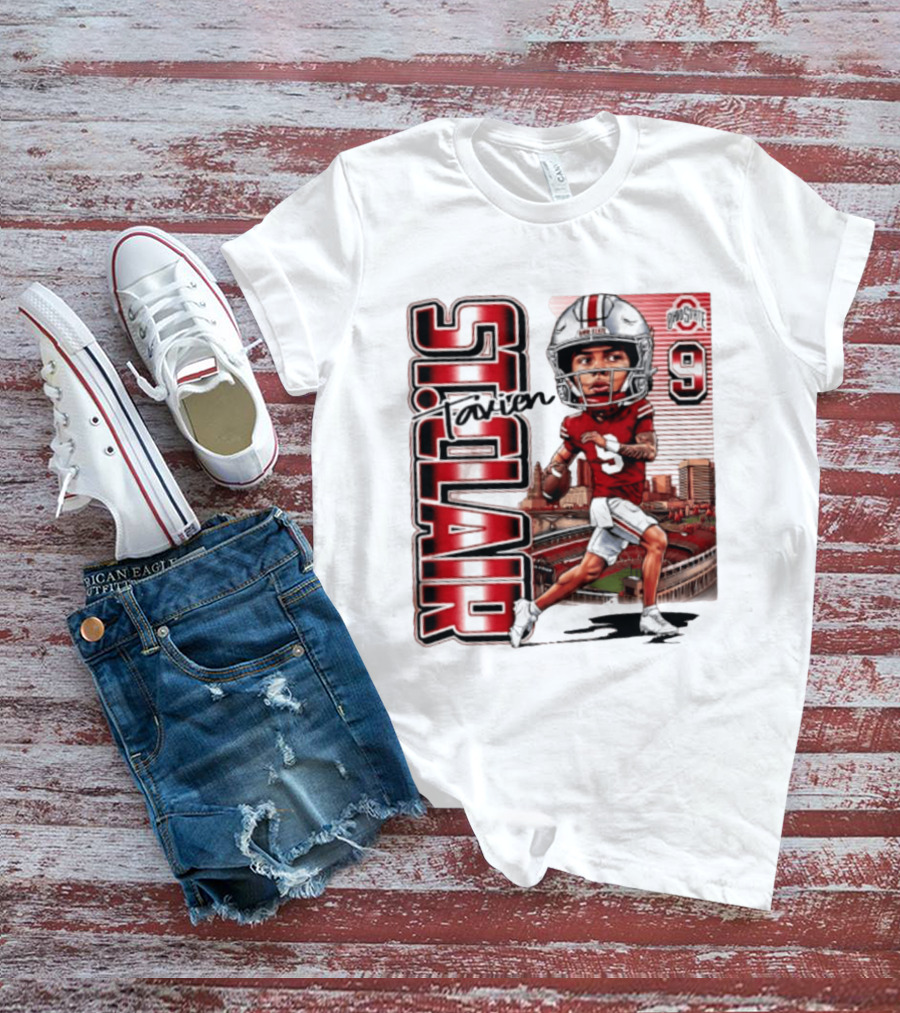 Tavien St. Clair 9 Ohio State Buckeyes Player Caricature With Ohio Stadium T-Shirt