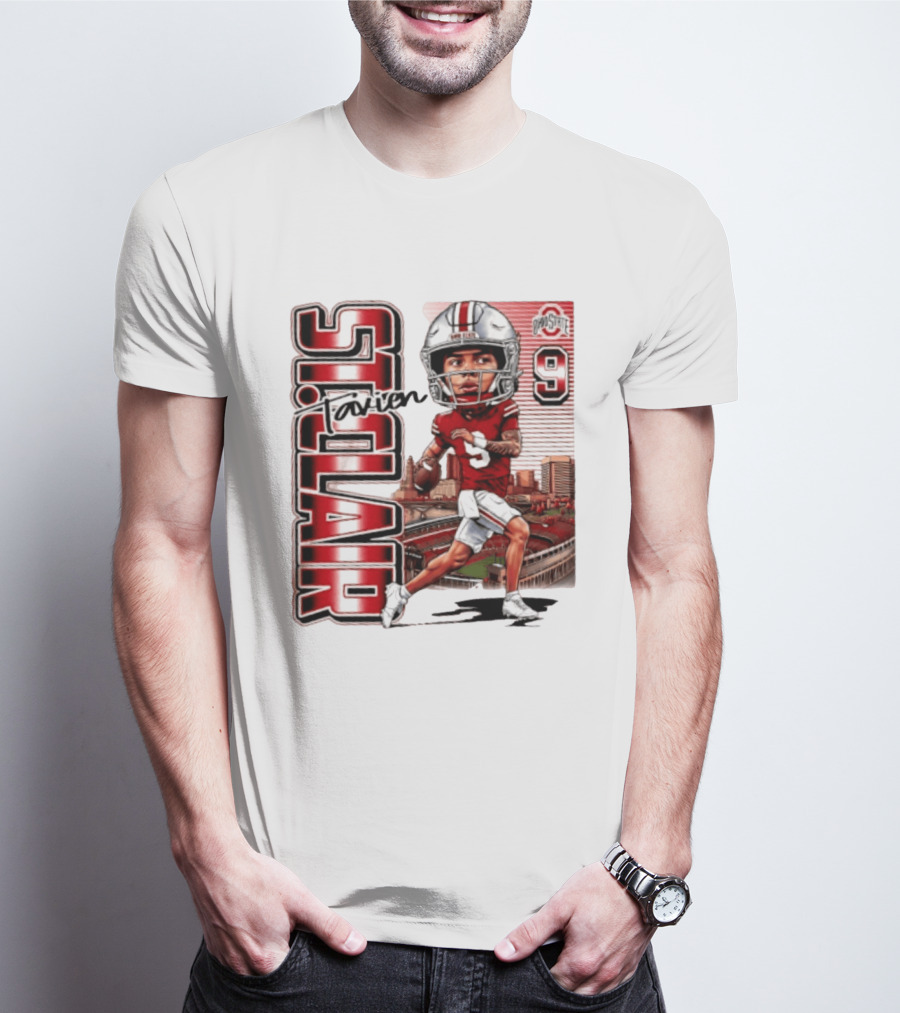 Tavien St. Clair 9 Ohio State Buckeyes Player Caricature With Ohio Stadium T-Shirt