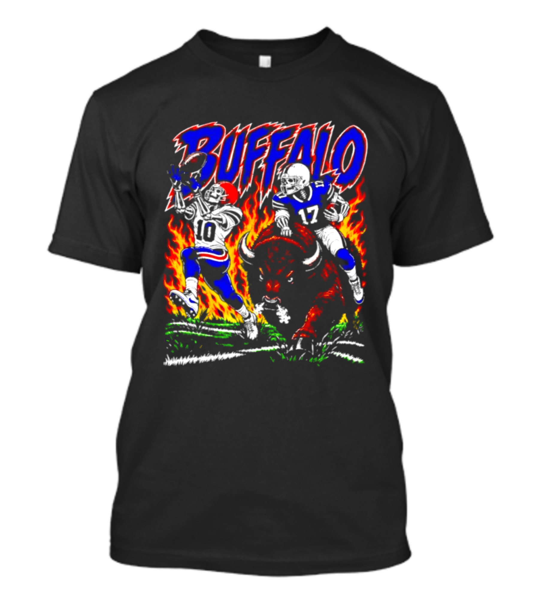 Buffalo Bills Flaming Skeleton Football Players Number 10 And 17 T-Shirt