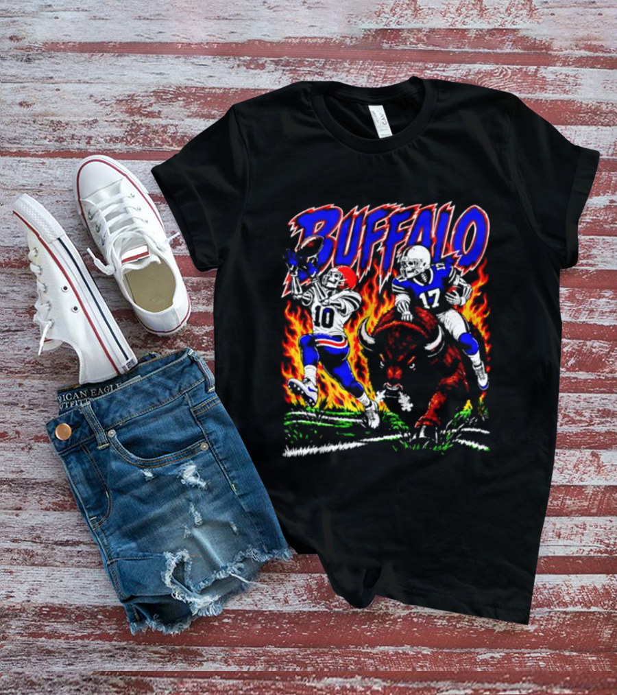 Buffalo Bills Flaming Skeleton Football Players Number 10 And 17 T-Shirt