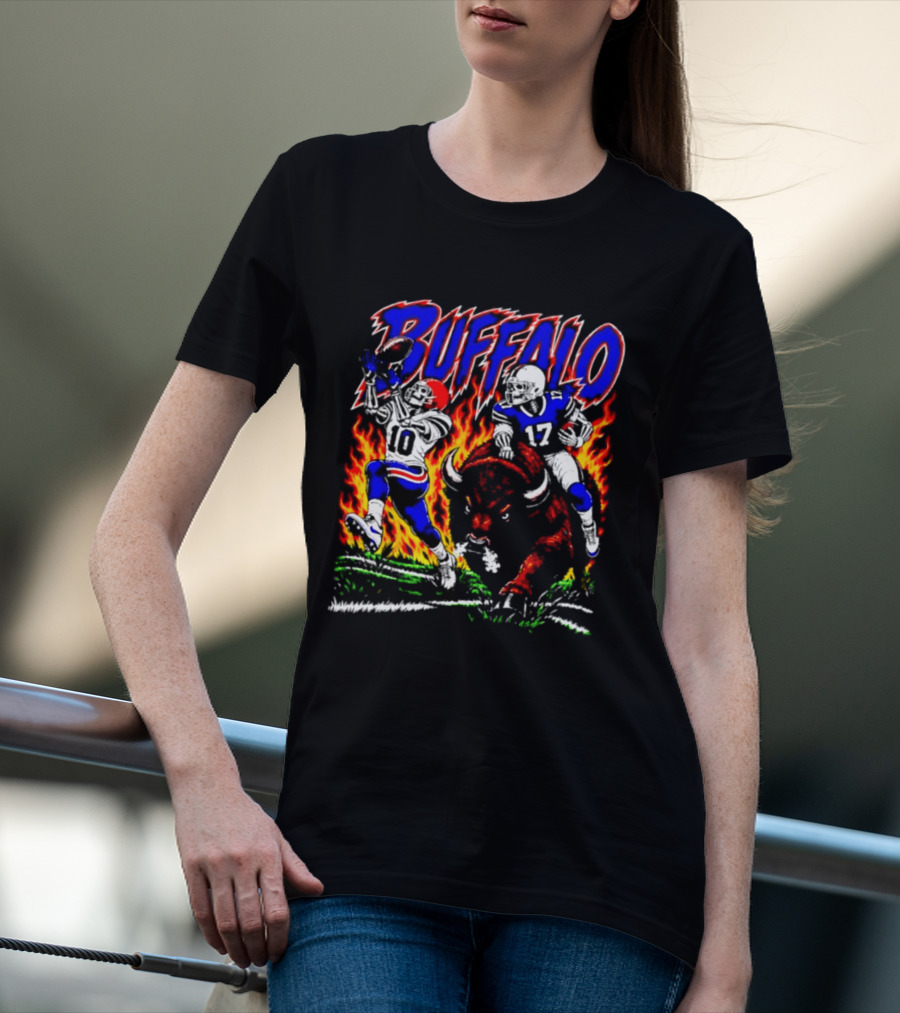 Buffalo Bills Flaming Skeleton Football Players Number 10 And 17 T-Shirt