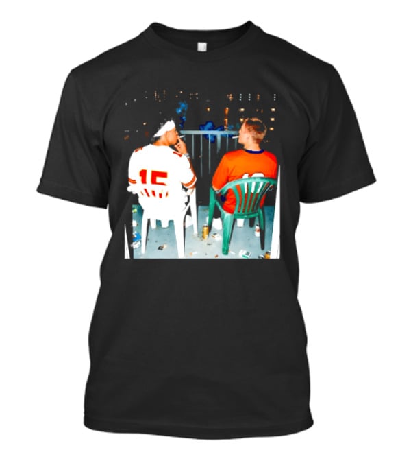 Patrick Mahomes Kansas City Chiefs And Bo Nix Denver Broncos Smoking Behind Skyline T-Shirt
