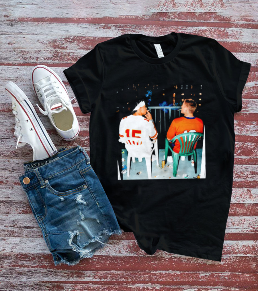 Patrick Mahomes Kansas City Chiefs And Bo Nix Denver Broncos Smoking Behind Skyline T-Shirt