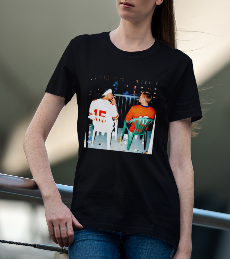 Patrick Mahomes Kansas City Chiefs And Bo Nix Denver Broncos Smoking Behind Skyline T-Shirt