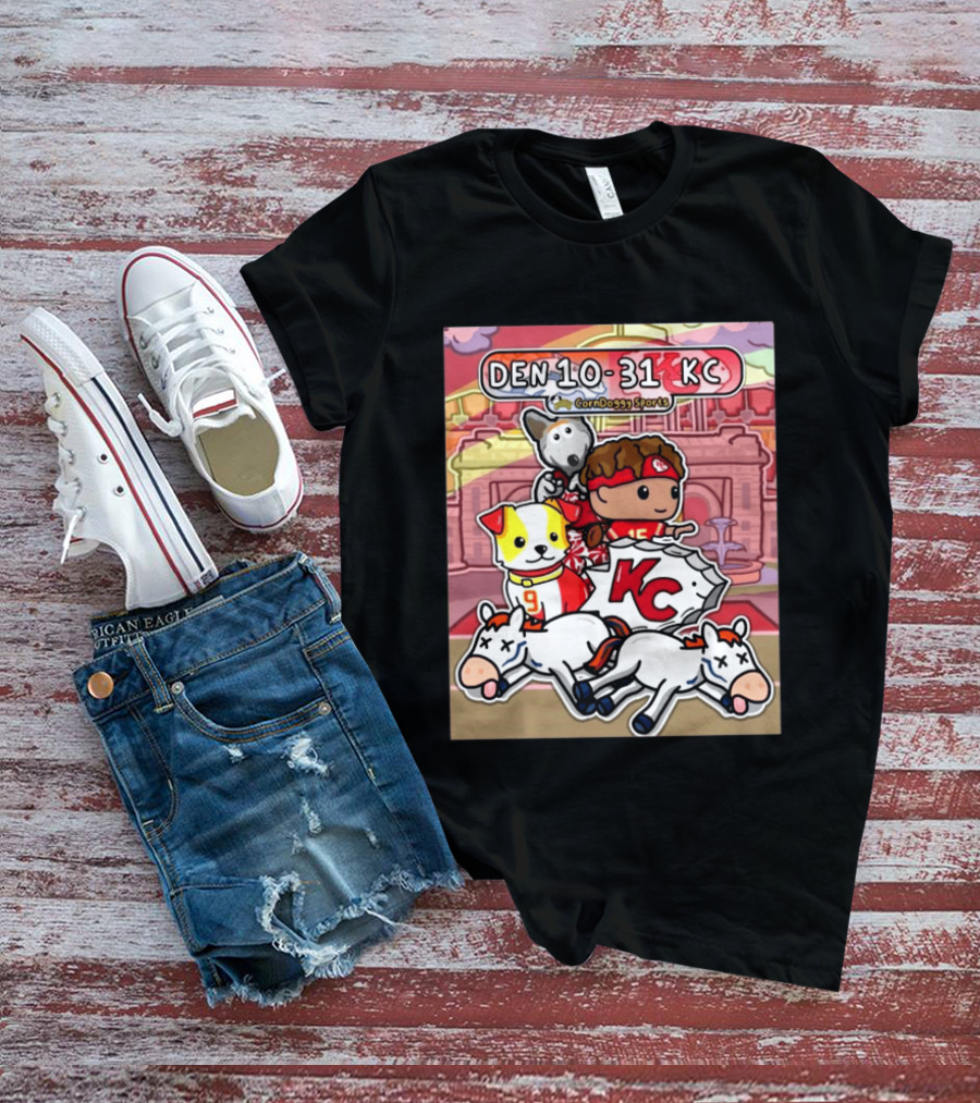 CornDoggy Sports DEN 10 31 KC Denver Broncos Vs Kansas City Chiefs Cartoon Characters And Dogs With Football T-Shirt