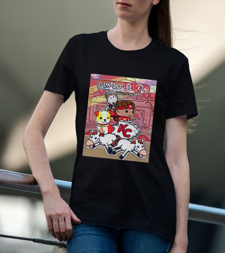 CornDoggy Sports DEN 10 31 KC Denver Broncos Vs Kansas City Chiefs Cartoon Characters And Dogs With Football T-Shirt