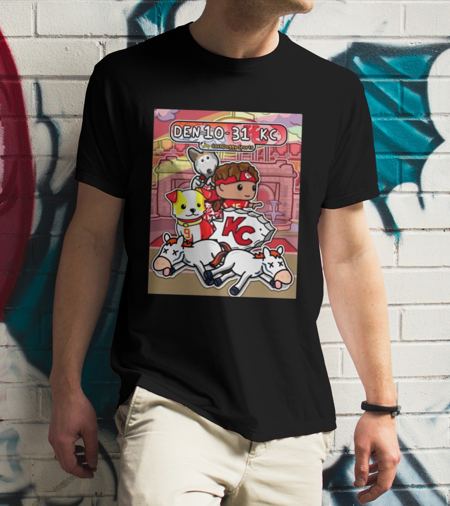 CornDoggy Sports DEN 10 31 KC Denver Broncos Vs Kansas City Chiefs Cartoon Characters And Dogs With Football T-Shirt