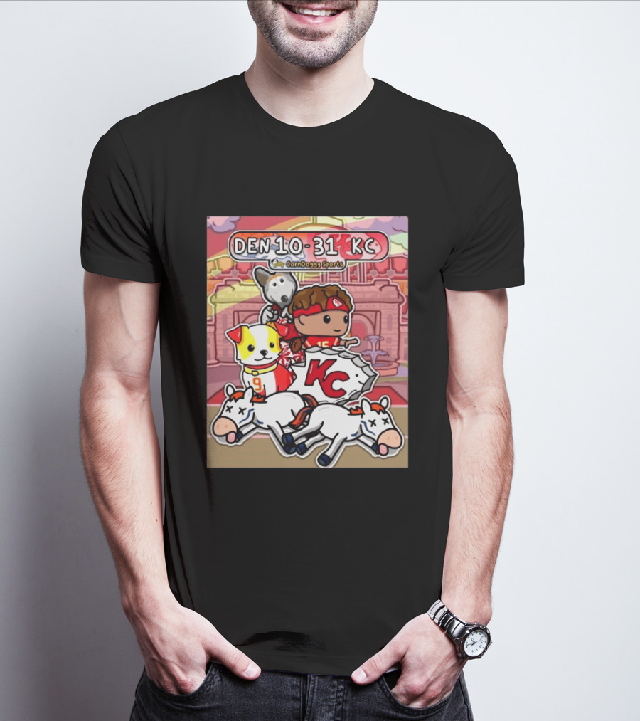 CornDoggy Sports DEN 10 31 KC Denver Broncos Vs Kansas City Chiefs Cartoon Characters And Dogs With Football T-Shirt