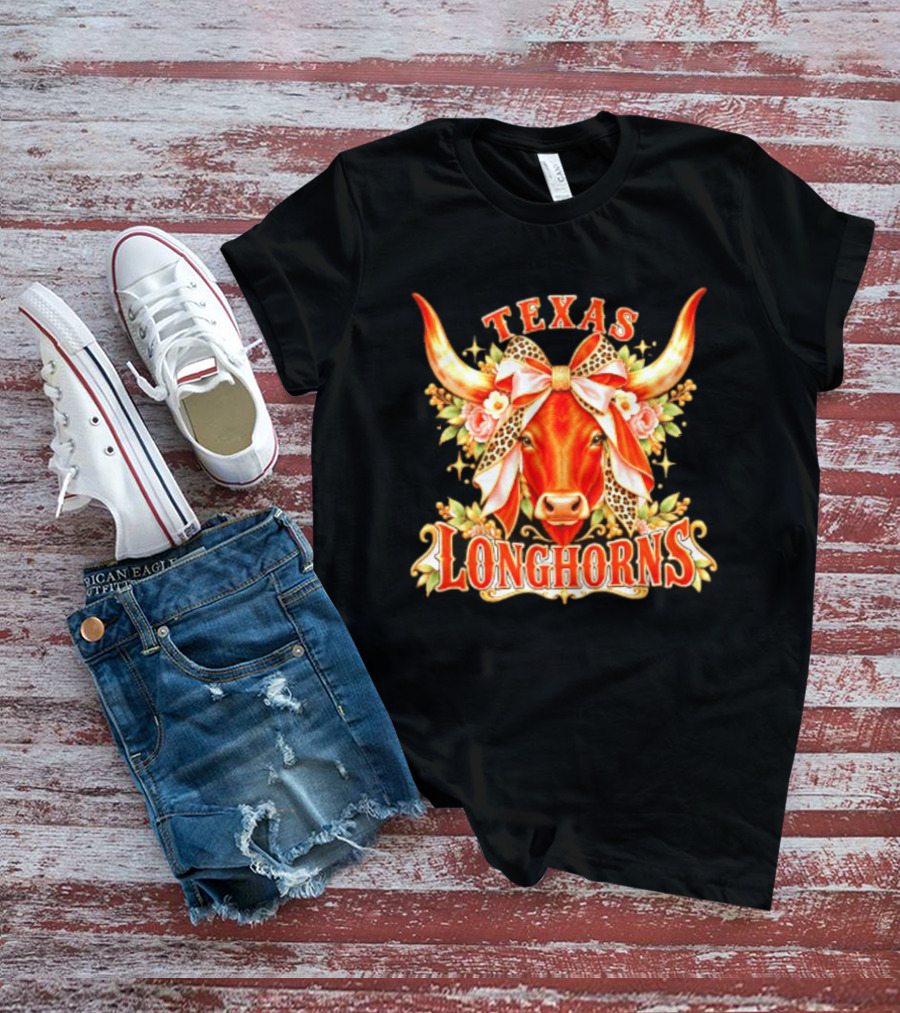 Texas Longhorns Floral Leopard Bow Cow T-Shirt