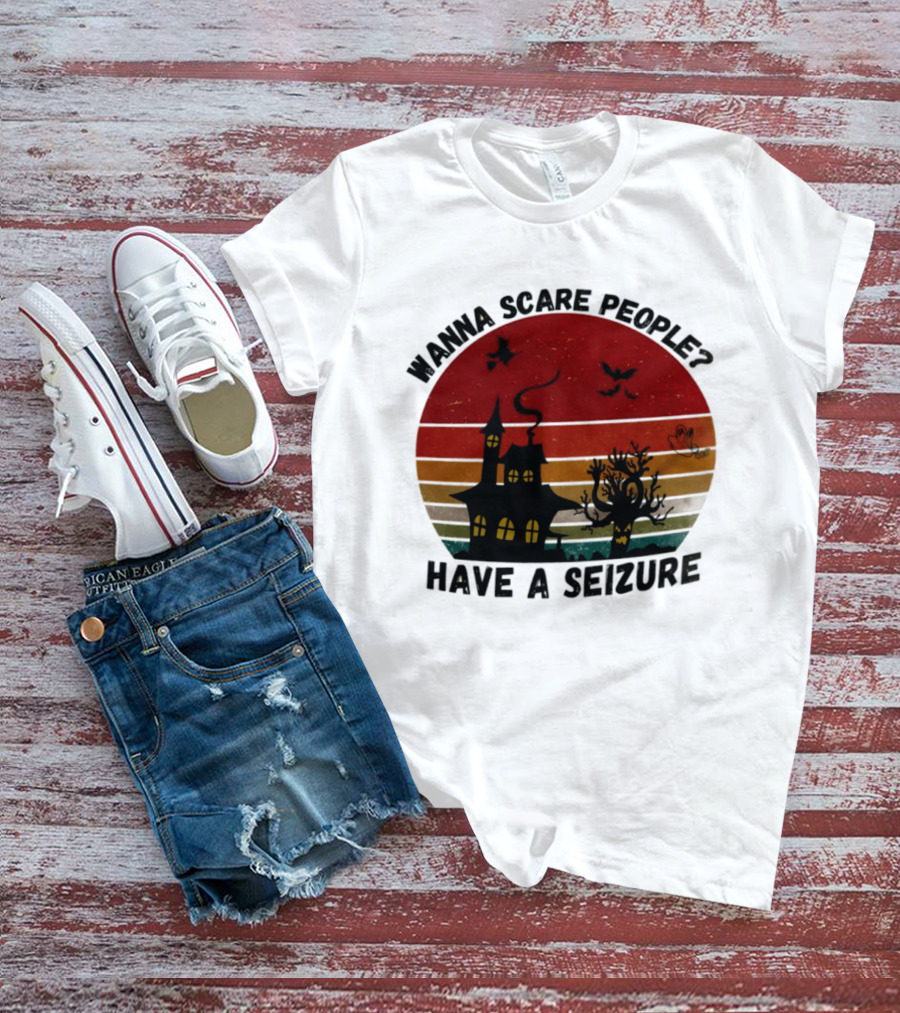 Wanna Scare People Have A Seizure Halloween Haunted House Bats Tree T-Shirt