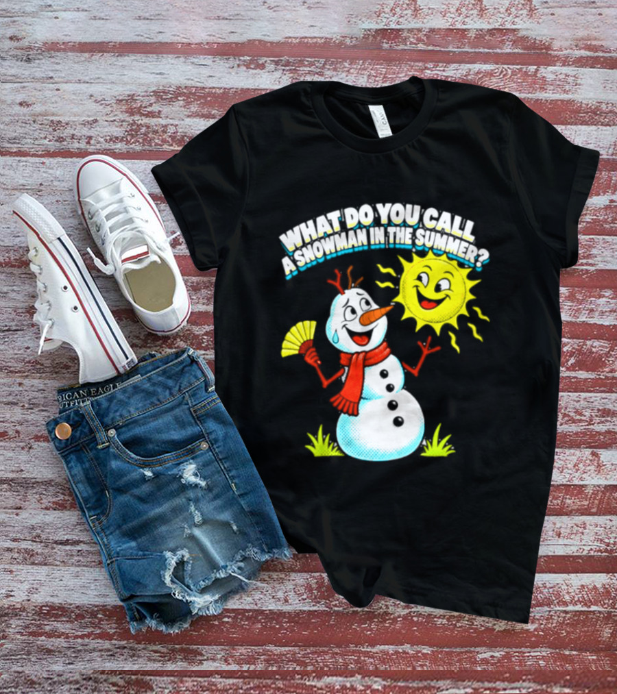 What Do You Call A Snowman In The Summer A Puddle Funny Sun And Fan T-Shirt