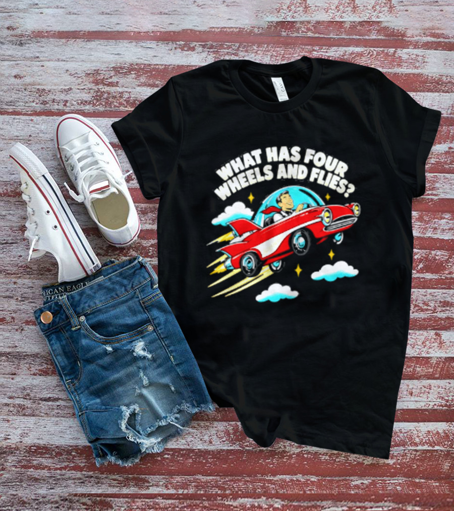 What Has Four Wheels And Flies Retro Flying Car With Clouds And Stars T-Shirt