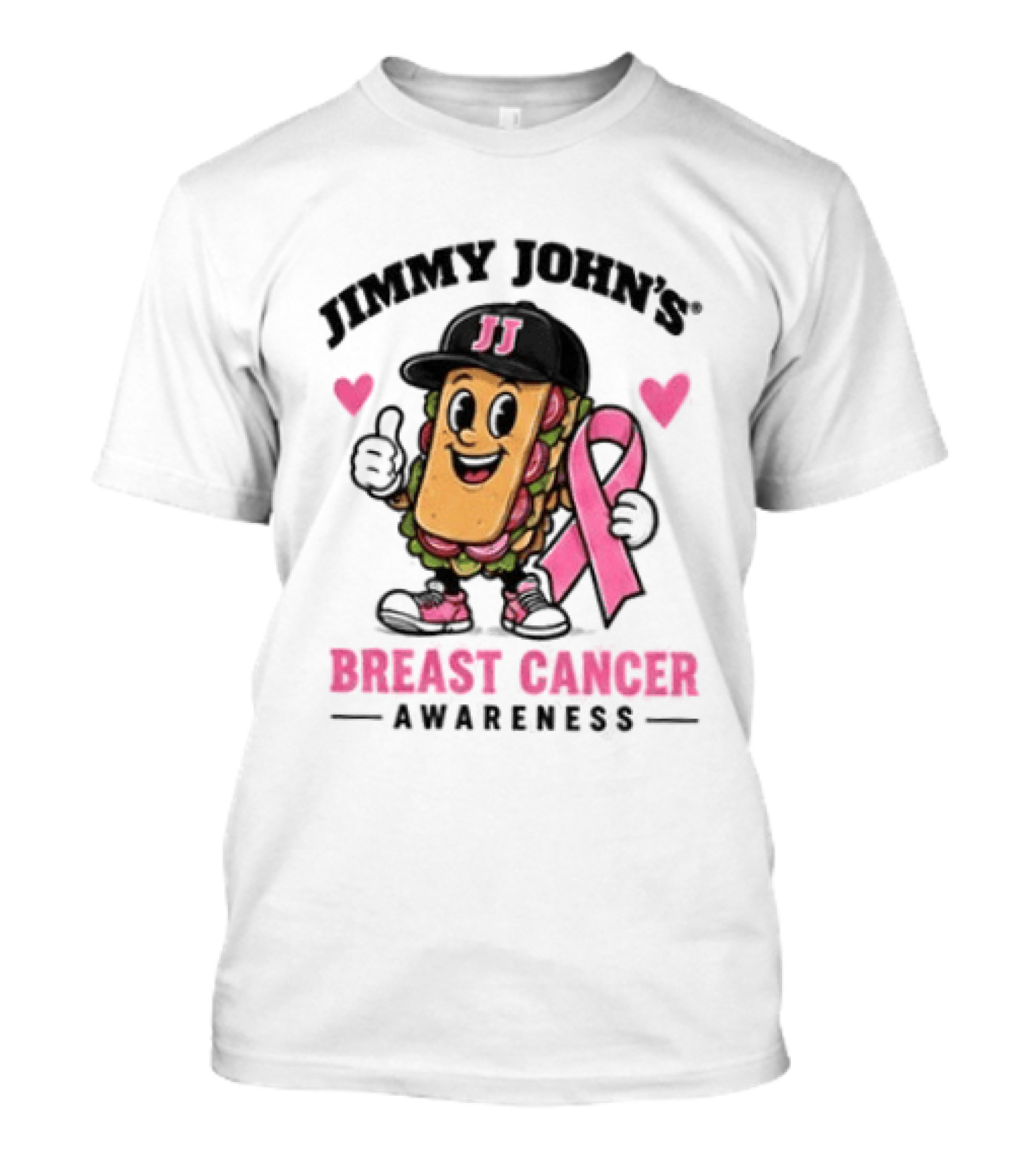 Jimmy John's Pink Ribbon Breast Cancer Awareness Sandwich JJ Hat Hearts T-Shirt