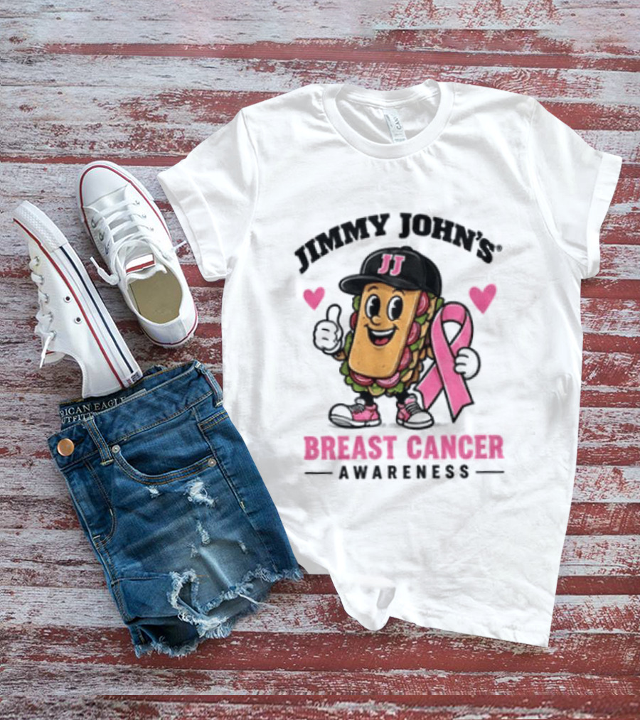 Jimmy John's Pink Ribbon Breast Cancer Awareness Sandwich JJ Hat Hearts T-Shirt