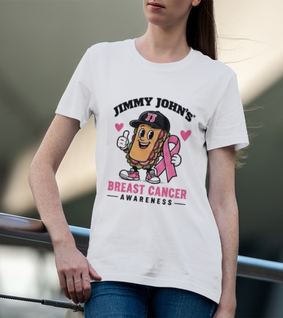 Jimmy John's Pink Ribbon Breast Cancer Awareness Sandwich JJ Hat Hearts T-Shirt