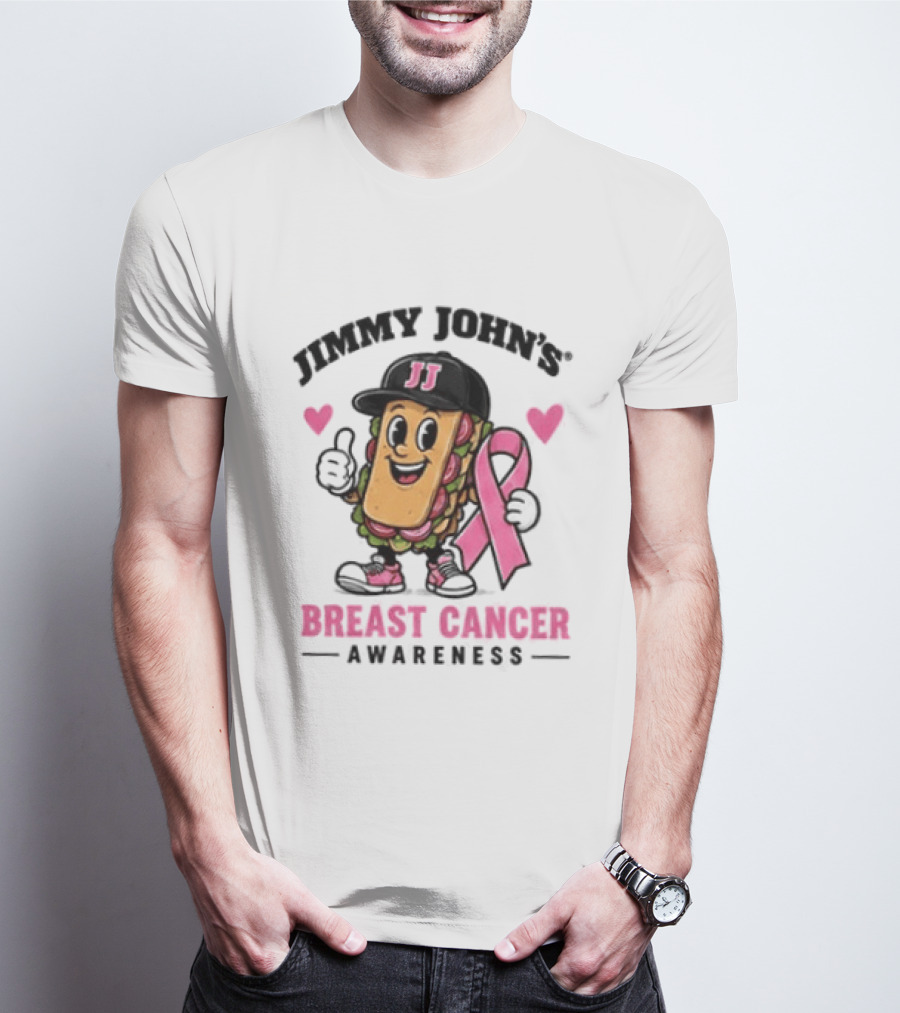 Jimmy John's Pink Ribbon Breast Cancer Awareness Sandwich JJ Hat Hearts T-Shirt