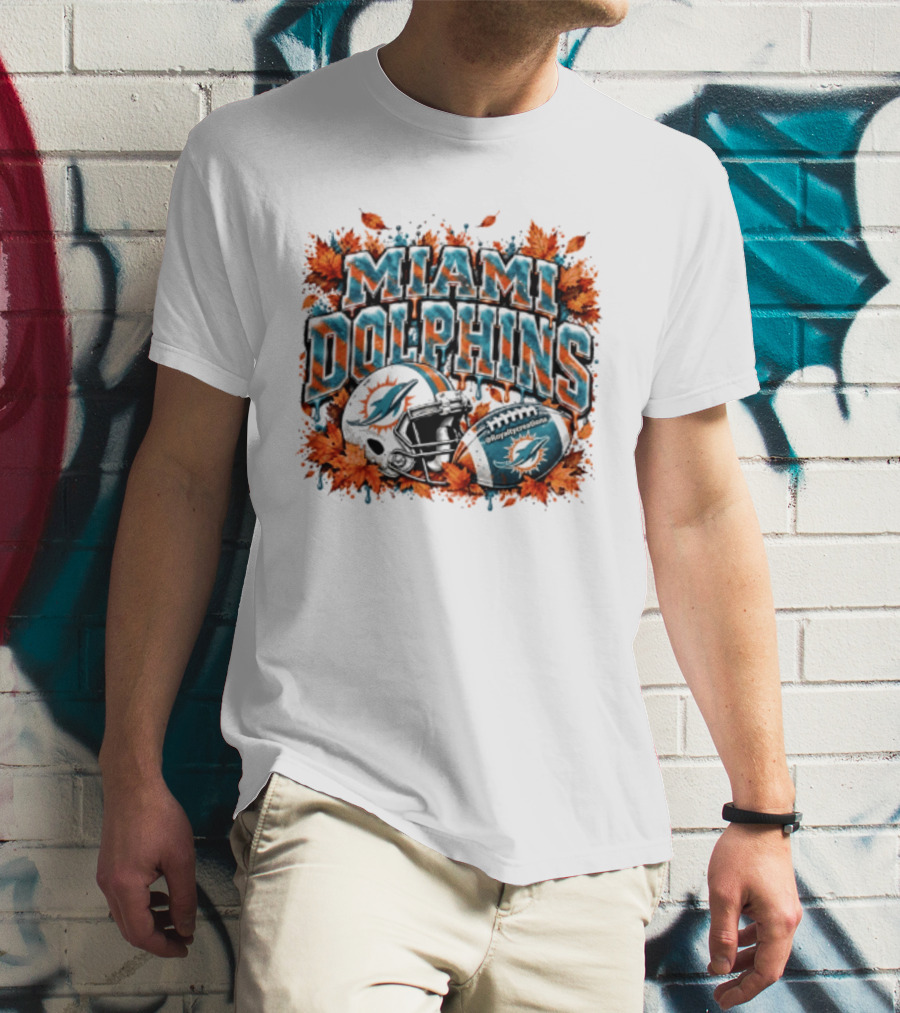 Miami Dolphins Football Helmet Autumn Leaves Halloween 2026 T-Shirt