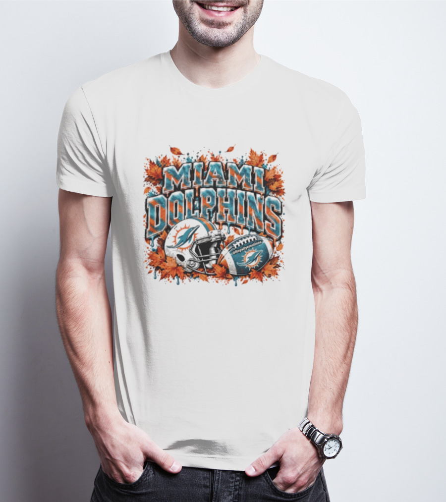 Miami Dolphins Football Helmet Autumn Leaves Halloween 2026 T-Shirt