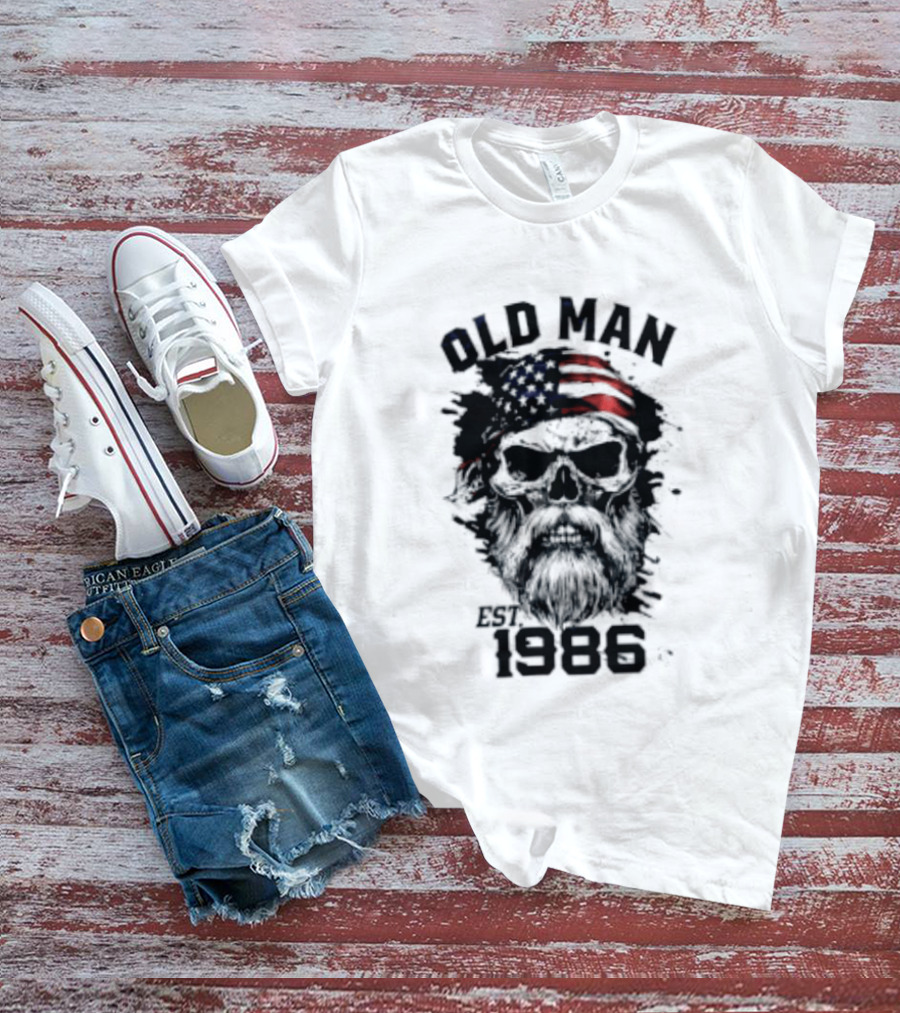 Old Man Est 1986 Skull American Flag Bandana T-Shirt