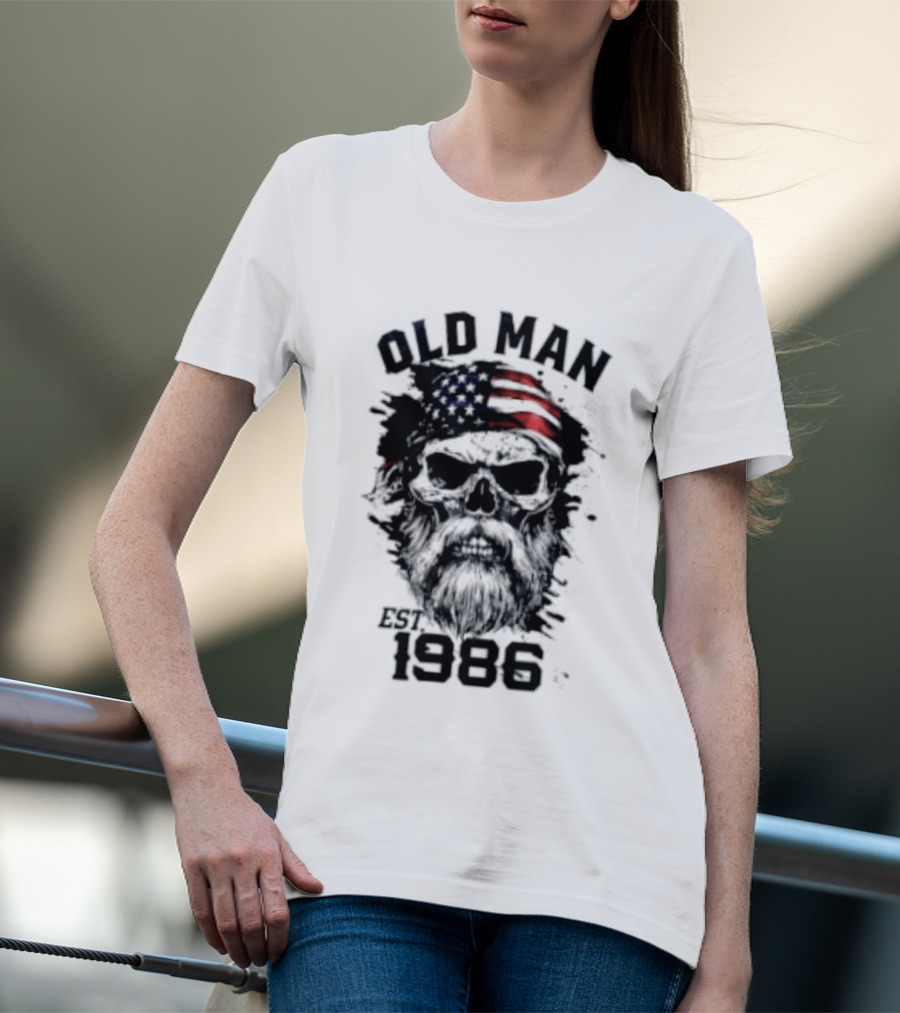 Old Man Est 1986 Skull American Flag Bandana T-Shirt