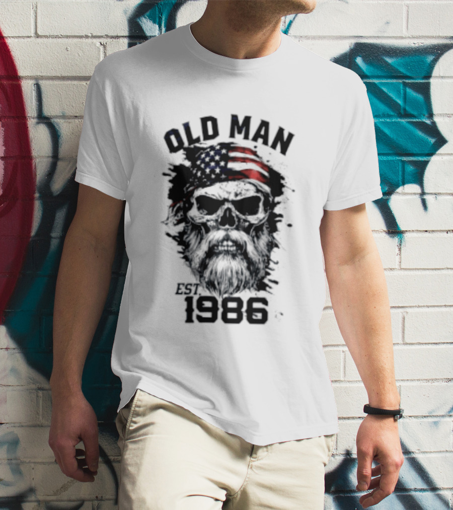 Old Man Est 1986 Skull American Flag Bandana T-Shirt