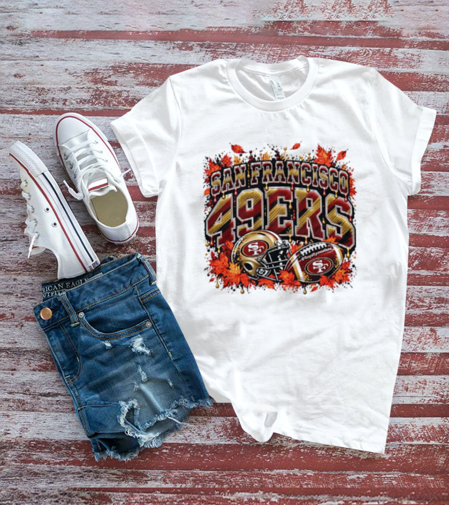San Francisco 49ers Helmet And Football Autumn Leaves 2026 T-Shirt