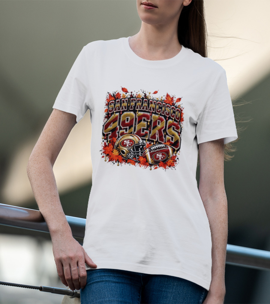 San Francisco 49ers Helmet And Football Autumn Leaves 2026 T-Shirt