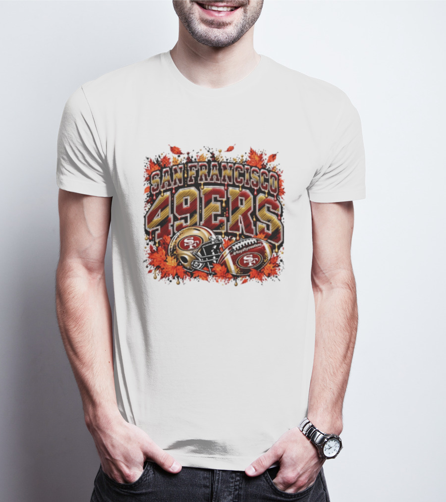 San Francisco 49ers Helmet And Football Autumn Leaves 2026 T-Shirt