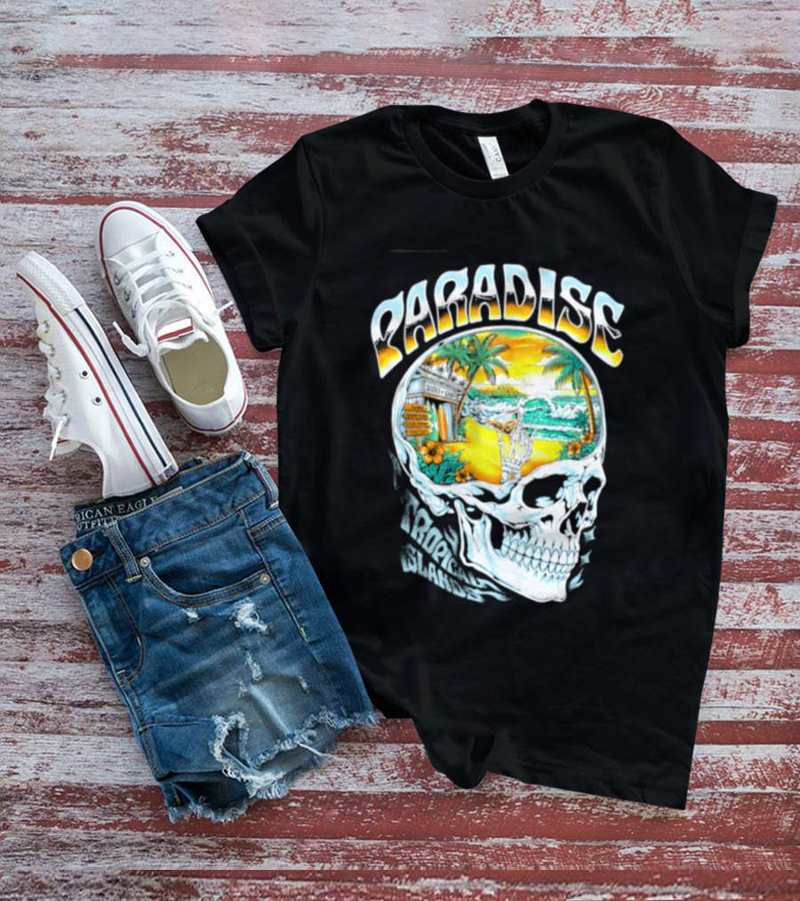 Paradise Tropical Island Skull Surf Shop Beach Scene T-Shirt