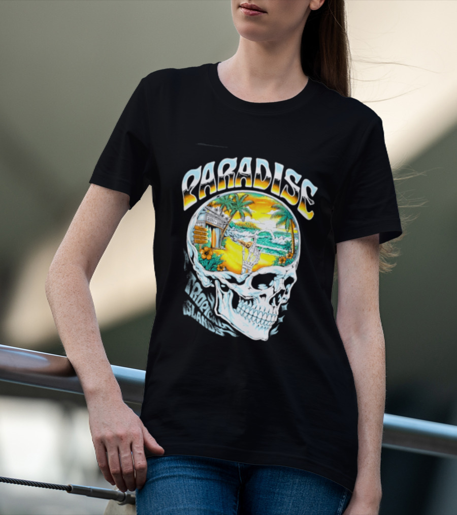 Paradise Tropical Island Skull Surf Shop Beach Scene T-Shirt