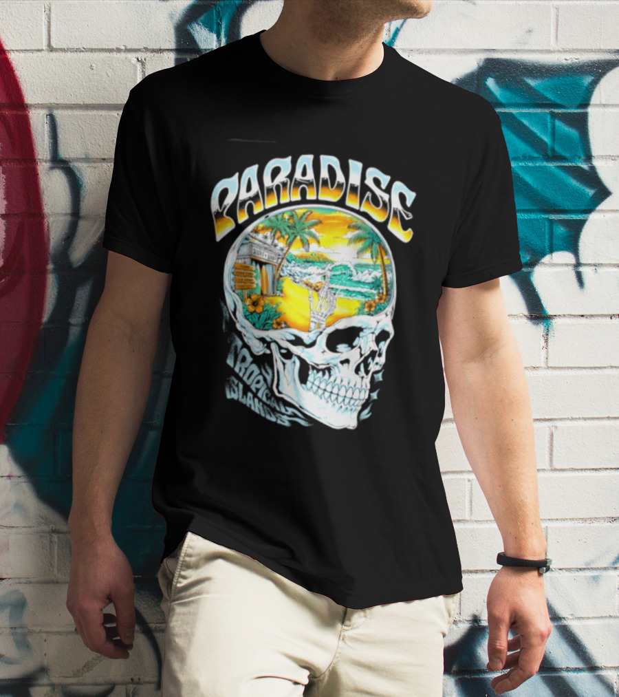 Paradise Tropical Island Skull Surf Shop Beach Scene T-Shirt