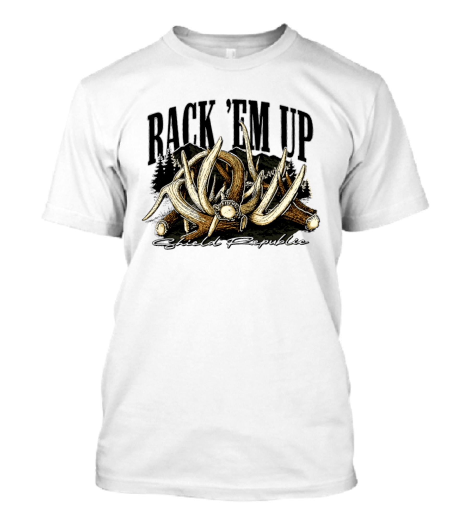 Rack 'Em Up Deer Antlers Hunting Shield Republic T-Shirt