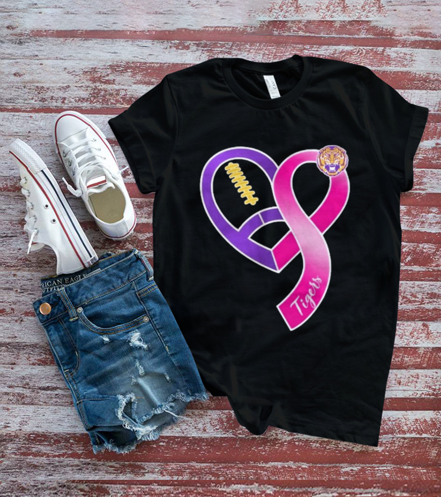 LSU Tigers Breast Cancer Awareness 2026 Heart Ribbon Football T-Shirt