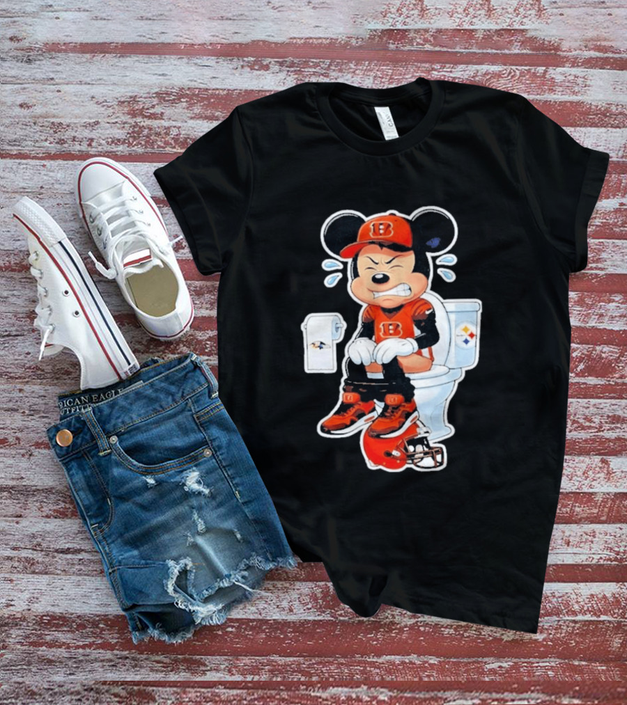 Mickey Cincinnati Bengals Mascot On Toilet Rival Baltimore Ravens Steelers Football Helmet T-Shirt