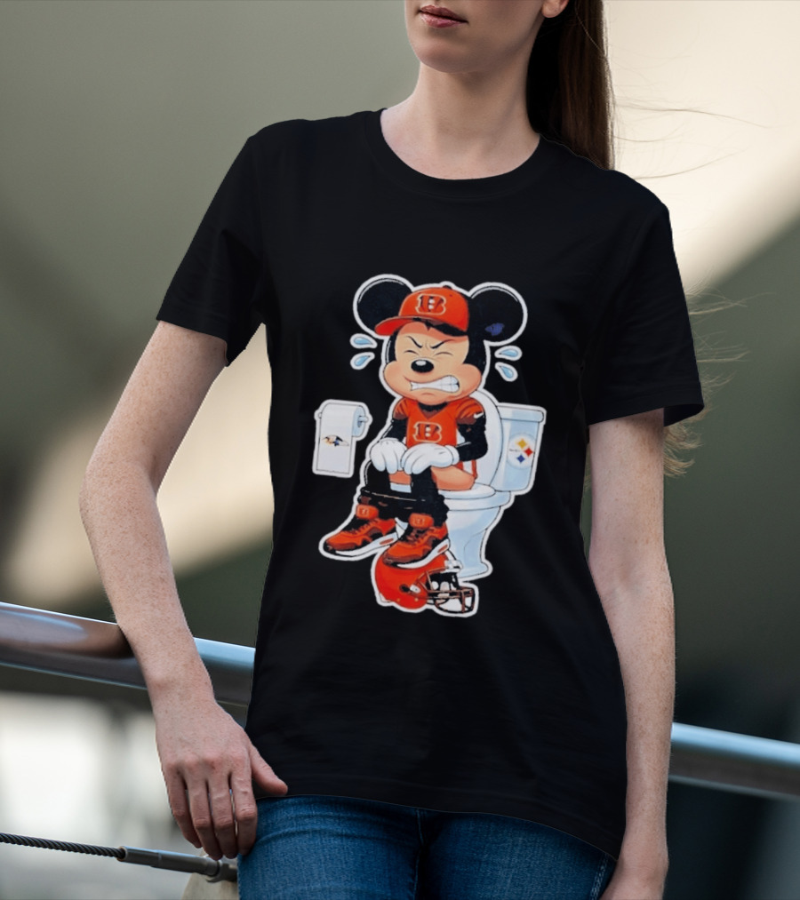 Mickey Cincinnati Bengals Mascot On Toilet Rival Baltimore Ravens Steelers Football Helmet T-Shirt