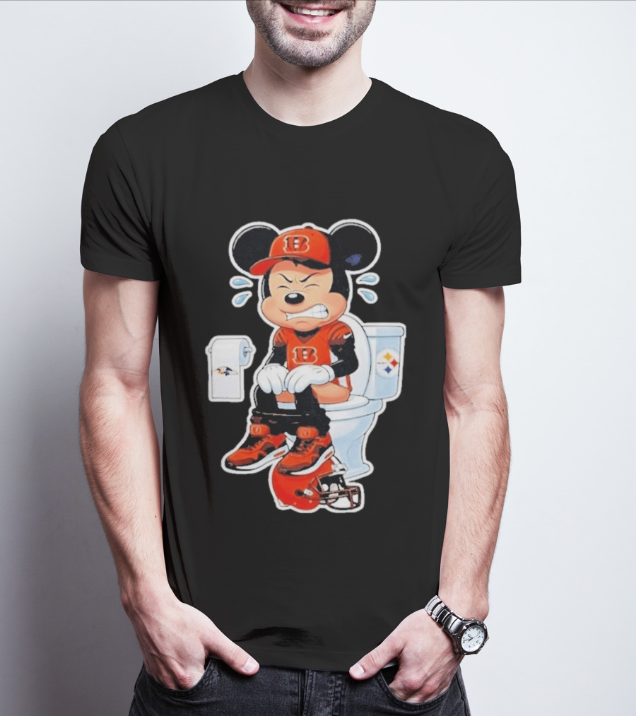 Mickey Cincinnati Bengals Mascot On Toilet Rival Baltimore Ravens Steelers Football Helmet T-Shirt