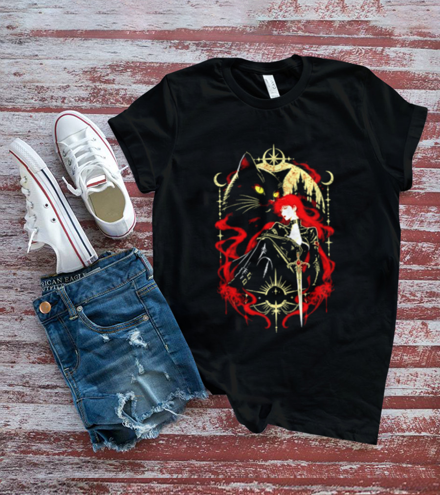 Gothic Red Haired Woman Black Cat Sword Magical T-Shirt