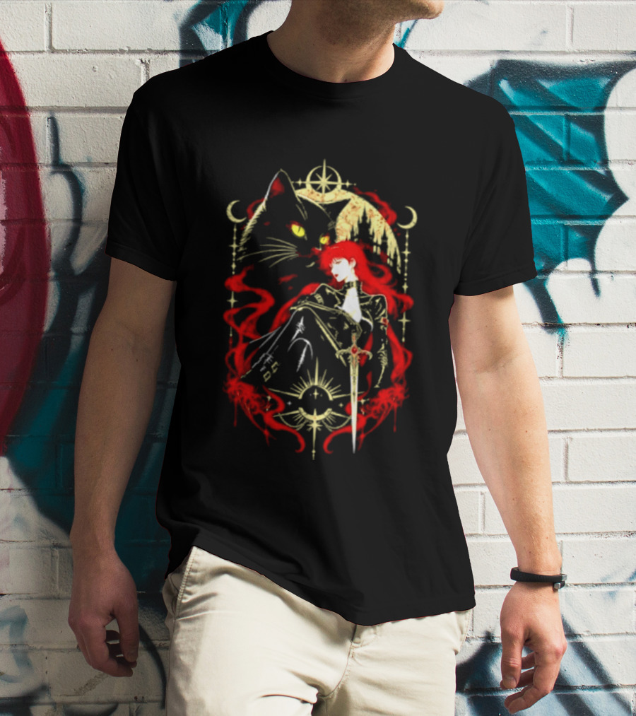 Gothic Red Haired Woman Black Cat Sword Magical T-Shirt
